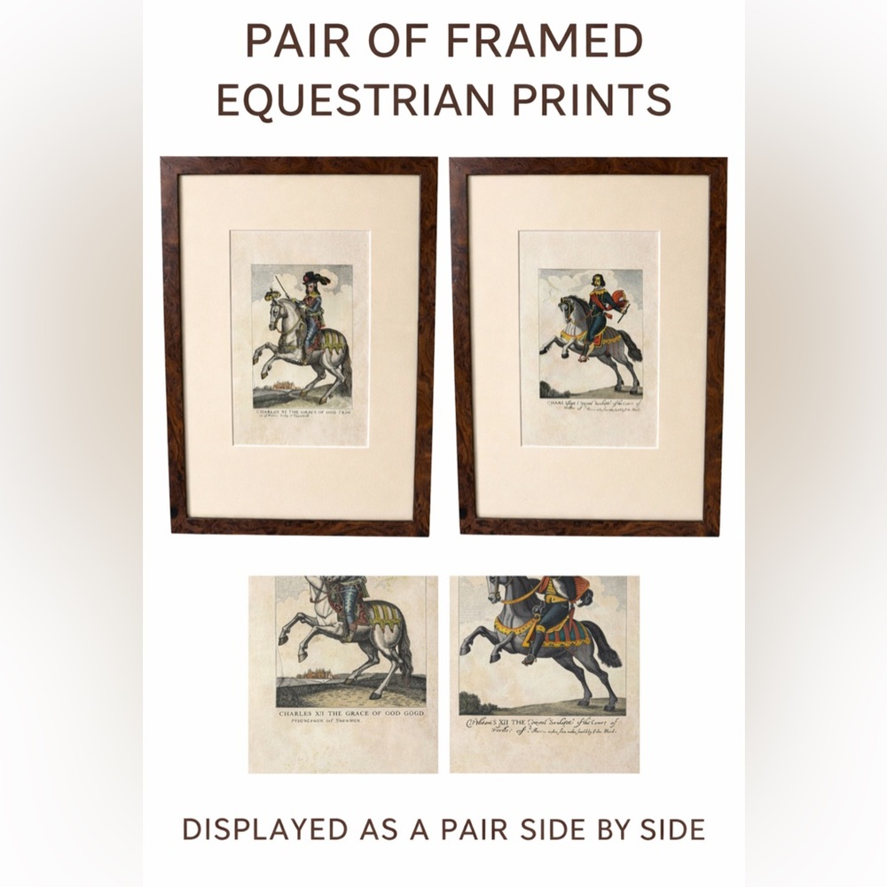 Pair Framed Equestrian Prints Charles I Style Custom Wood Frames